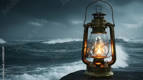 Antique lantern illuminating stormy sea at dusk