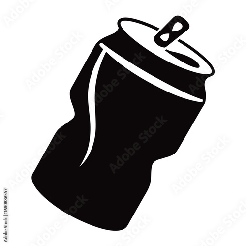 A discarded black soda can is severely crushed, shown against transparent background