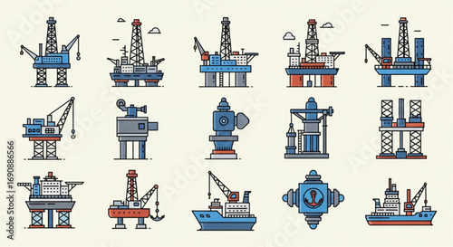 A collection of flat design icons representing the oil and gas industry, featuring offshore drilling rigs, platforms, and transportation vessels