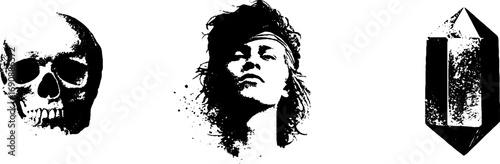 Grunge black and white skull and portrait illustration set for urban art designs