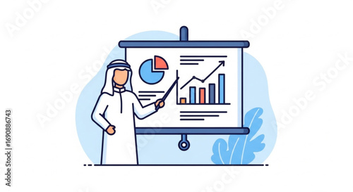 Arab businessman in traditional thobe presenting financial data analysis with graphs and charts on a screen. Business growth concept illustration