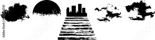 Grunge black and white skyline silhouette with abstract sun and clouds for urban art design