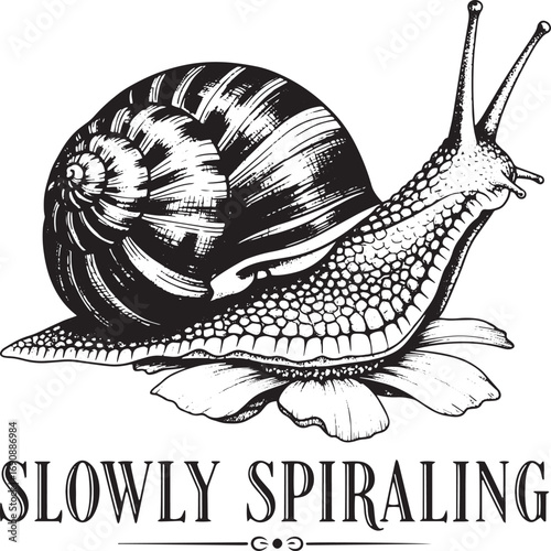 Slowly Spiraling Snail Illustration – Emotional Line Art of Snail on Flower