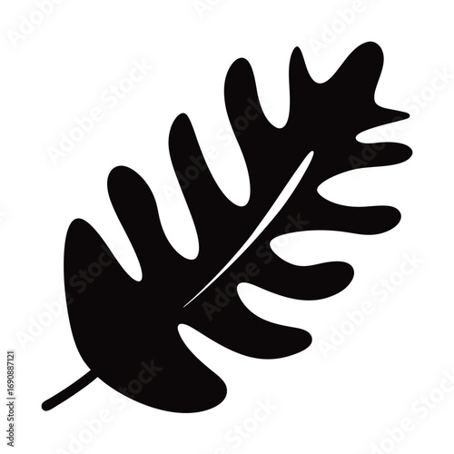 Isolated black silhouette of a stylized leaf exhibits unique contours against white backdrop