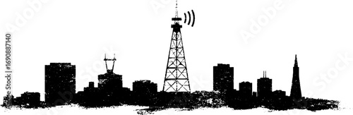 Grunge black and white urban skyline with communication tower for design and print