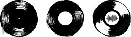 Black and white grunge vinyl records set for retro music design