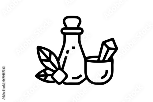 Witchs Apothecary Flatlay Dried Herbs Potion Bottles and Mortar Pestle Silhouette on White Background
