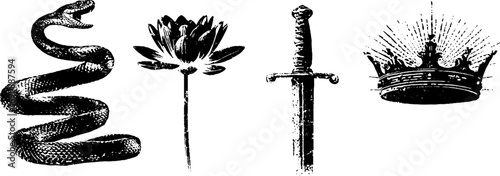 Grunge black and white set featuring snake, flower, sword, and crown elements for urban design