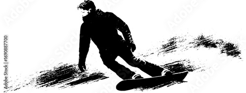 Grunge black and white illustration of snowboarder in action for winter sports design