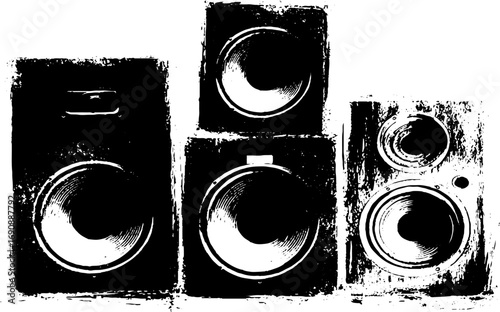 Retro grunge black and white speaker set for music design and posters
