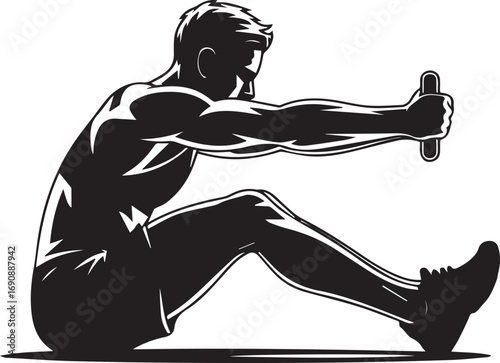 Muscular fitness athlete silhouette performing dumbbell row exercise in studio silhouette