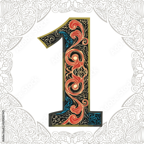 Ornamental Number 1 with Gold and Red Swirls - AI Generated