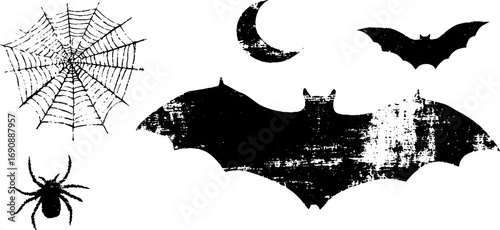 Halloween themed grunge black and white spider and bat silhouette set for vintage design
