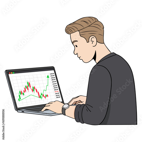 Young Man Analyzing Stock Market Chart on Laptop