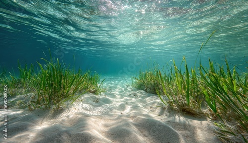 Underwater seagrass bed. Sunlight filters through the water