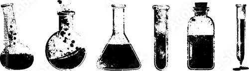 Grunge black and white chemistry glassware set for design and decor