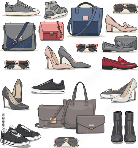 Collection of stylish women s fashion accessories including handbags purses shoes and sunglasses arranged on a white background