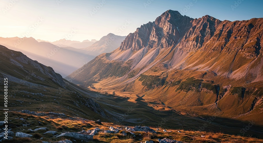 Obraz premium Majestic alpine valley bathed in the ethereal glow of sunrise or sunset, showcasing rugged mountain peaks and a serene natural landscape