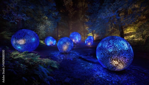 Fototapeta Naklejka Na Ścianę i Meble -  Mystical glowing spheres in a forest at night