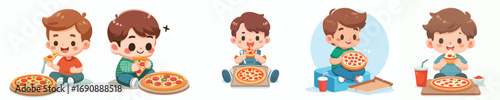 vector of a cute little boy eating pizza