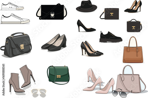 Collection of stylish women s fashion accessories including handbags high heels sneakers and sunglasses isolated on white background