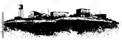 Urban grunge black and white silhouette of cityscape with spray art design