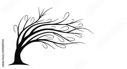 Stylized silhouette of a tree bending dramatically in the wind, branches reaching and swirling against a white background.