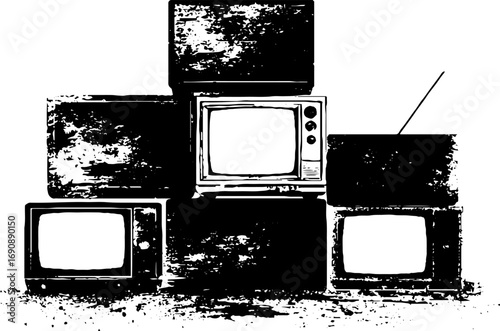 Vintage television silhouette set with grungy black and white design for retro themes