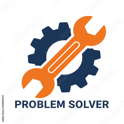 Orange wrench and blue gear problem solver logo isolated on transparent background
