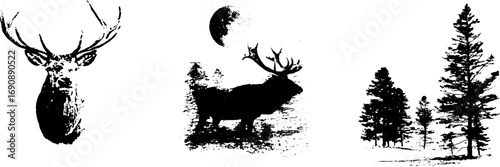 Vintage black and white stag and forest silhouettes for nature-themed design
