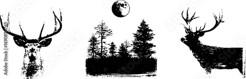 Grunge black and white deer and forest scene set for design and decoration