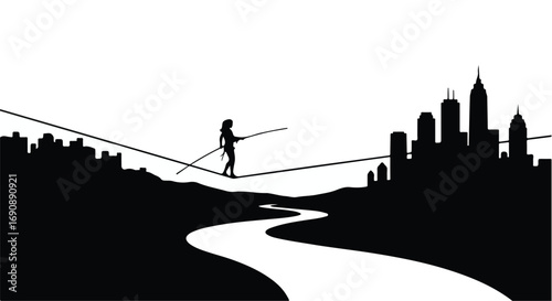 Silhouette of a person balancing on a tightrope high above a river with city skylines on either side.