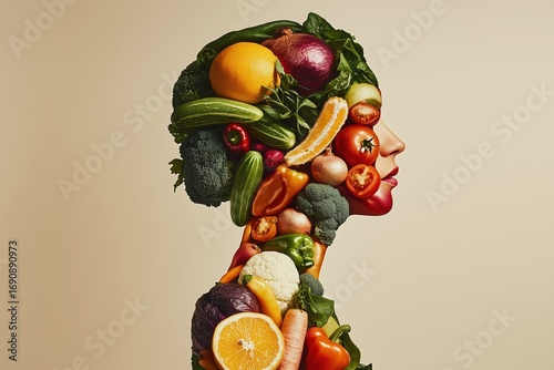 Side profile of a female human figure, made entirely of various fruits and vegetables, on a clean light background.