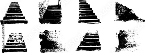 Black and white grunge staircase illustration set for urban art designs