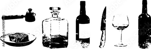 Grunge black and white set featuring steak, wine, and cutlery for vintage culinary themes