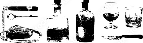 Grunge black and white conceptual set of steak and drink elements for urban design