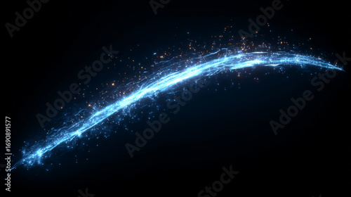 Magic arc slash, intense blue light with trailing sparks on black