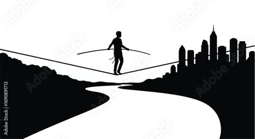 Silhouette of a tightrope walker balancing precariously over a river with a city skyline in the background.