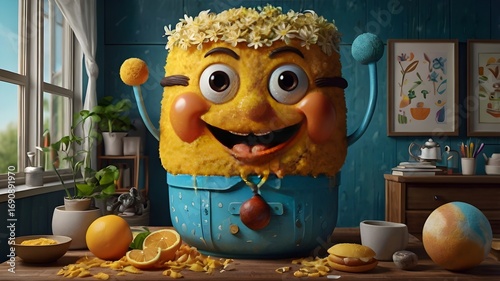 3D Render of Cute Yellow Cartoon Character with Flower Crown in a Cheerful Room