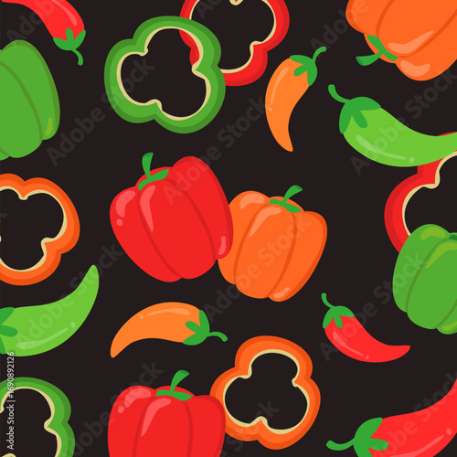 Bell pepper and chilli seamless patterm with sliced bell pepper. Cute vegetables illustration. Can be used for wallpaper, paper wrapping, decoration and fashion fabric