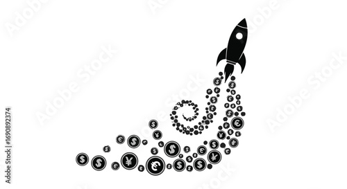 Rocket launching with a trail of money symbols symbolizing financial growth and success