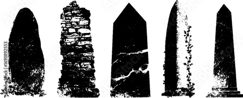 Grunge black and white stone silhouettes for artistic design and decoration