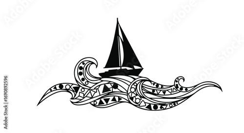 Elegant sailboat navigating stylized waves with intricate tribal patterns