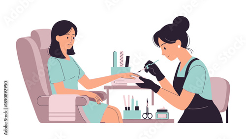 Young woman receiving a professional manicure from a beautician in a salon with beauty tools and equipment laid out