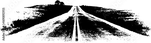 Rural highway silhouette in grungy black and white for urban art and design