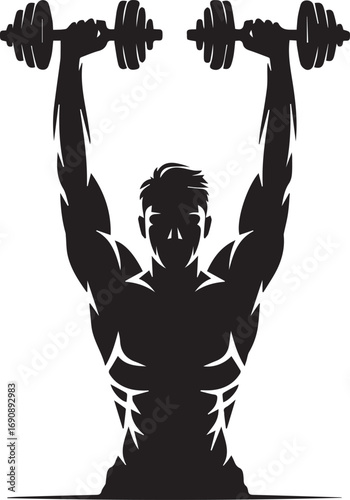 Fitness athlete silhouette lifting dumbbells upward showing strength and muscular definition