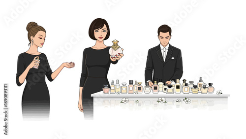 Elegant women and a man in formal attire examining and presenting a luxurious collection of perfume bottles displayed on a white table