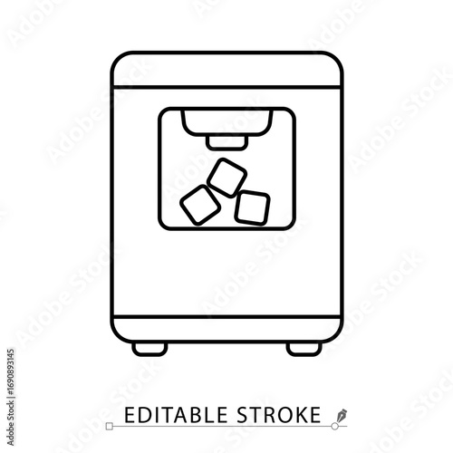 An ice maker icon in minimalist style with editable stroke. Kitchen appliance symbol, cold drink element, household object, refreshment concept, bar equipment pictogram, frozen design