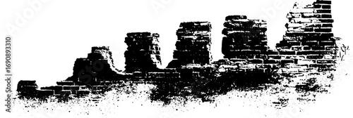 Grunge black and white street art illustration of old brick wall ruins