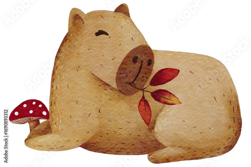 Watercolor Capybara lying down with red autumn leaf,mushroom for Autumn,fall,Thanksgiving seasonal,greeting card,woodland animal art cozy design,Hand paint cartoon for seasonal decoration